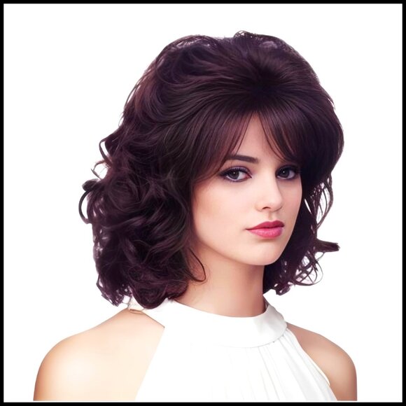 Short Wavy Vintage Wig with Bangs Synthetic Shoulder Length Curly Natural main image 5